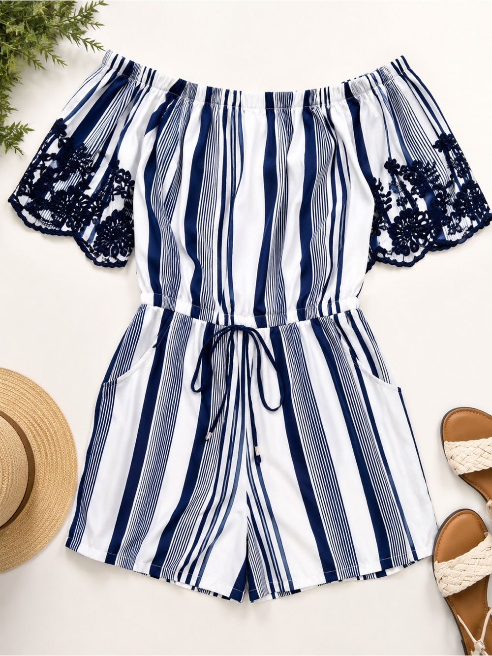 Embroidered Off-Shoulder Navy & White Striped Romper with Lace Sleeves Medium